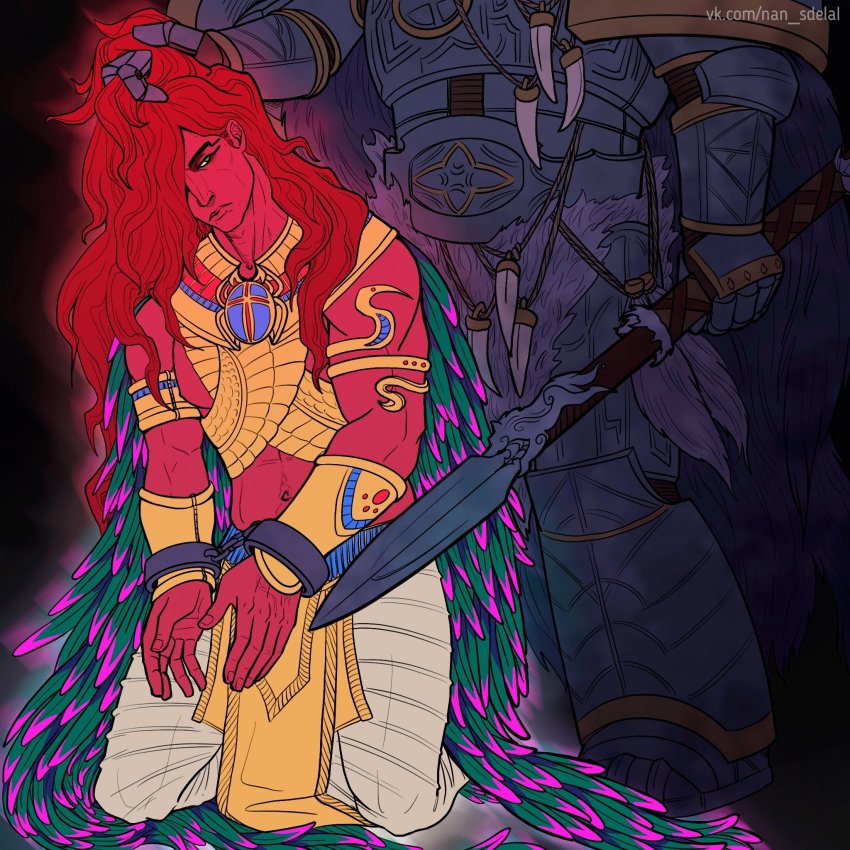 2boys armor beetle bracelet bug closed_mouth collar colored_skin commentary cuffs decorations fangs green_eyes handcuffs highres holding holding_own_hair holding_polearm holding_weapon insect jewelry leman_russ long_hair magnus_the_red multiple_boys natalia_kikicheva navel polearm power_armor red_hair red_skin shoulder_armor warhammer_40k weapon