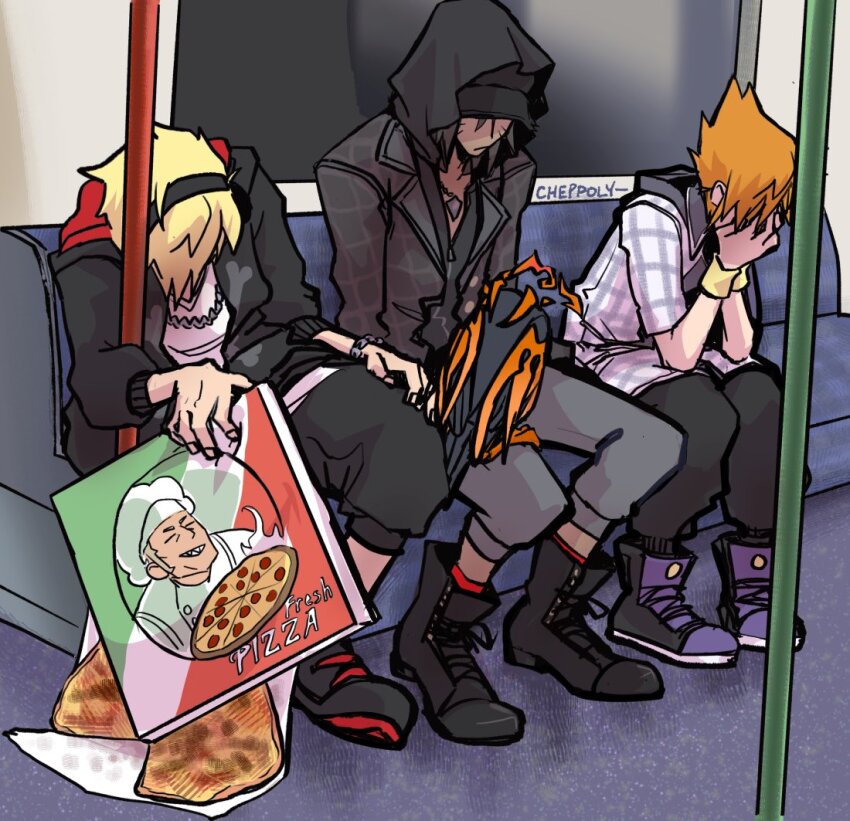 4boys animal_on_leg baseball_cap bird bito_daisukenojo black_headwear black_hoodie black_pants blonde_hair chain chain_necklace crow dark-skinned_male dark_skin facial_mark food grey_jacket hat headphones high_tops hood hooded_jacket hoodie jacket jewelry male_focus meme minamimoto_sho multiple_boys necklace orange_hair pants pizza pizza_box plaid_clothes plaid_jacket sakuraba_neku shin_subarashiki_kono_sekai shirt shoes sitting sneakers spiked_hair subarashiki_kono_sekai subway susukichi_(ntwewy) train whisker_markings white_shirt wristband