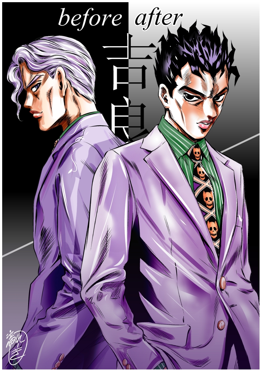 2boys before_and_after black_eyes black_hair commentary_request diamond_wa_kudakenai dual_persona formal_clothes hands_in_pockets highres jacket jojo_no_kimyou_na_bouken kawajiri_kosaku kira_yoshikage male_focus multiple_boys purple_hair purple_jacket shirt signature spiked_hair striped_clothes striped_shirt suit taki_reki