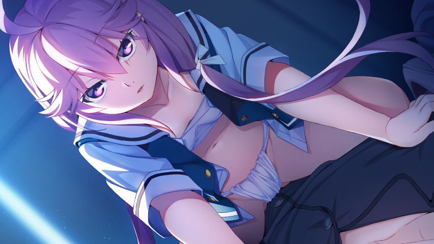 1boy 1girl bag breasts cleavage collarbone dutch_angle floating_hair game_cg girl_on_top grisaia_(series) grisaia_phantom_trigger hair_between_eyes highres ikoma_murasaki long_hair looking_at_viewer navel official_art open_clothes open_shirt pink_hair pov purple_eyes sailor_collar sarashi shirt short_sleeves small_breasts very_long_hair watanabe_akio white_sailor_collar white_shirt