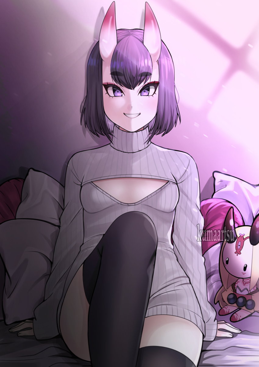 1girl absurdres black_thighhighs bob_cut breasts character_doll dress fate/grand_order fate_(series) grey_sweater grin highres horns ibaraki_douji_(fate) kumaartsu leg_up looking_at_viewer meme_attire no_bra on_bed oni open-chest_sweater pale_skin pillow purple_eyes purple_hair ribbed_sweater short_eyebrows short_hair shuten_douji_(fate) sitting skin-covered_horns small_breasts smile solo sweater sweater_dress thighhighs turtleneck turtleneck_sweater watermark zettai_ryouiki
