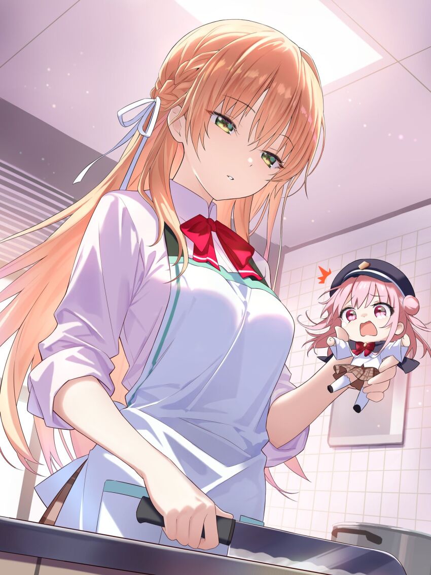2girls apron blonde_hair bow braid double_bun green_eyes hair_bun half_up_braid hat heaven_burns_red highres indoors kitchen_knife kunimi_tama long_hair long_sleeves mini_person minigirl multiple_girls netarou_(shinra) pink_eyes pink_hair red_bow ribbon shirt toujou_tsukasa white_ribbon