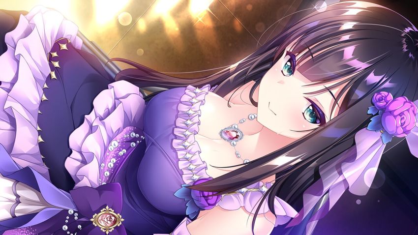 1girl black_hair breasts cleavage closed_mouth dress dutch_angle flower game_cg gem green_eyes hair_flower hair_ornament hoshi_no_otome_to_rikka_no_shimai jewelry kokonoe_sumire lens_flare long_hair medium_breasts mutou_kurihito nanotaro necklace pink_flower purple_dress red_gemstone sitting sleeveless sleeveless_dress smile solo sparkle