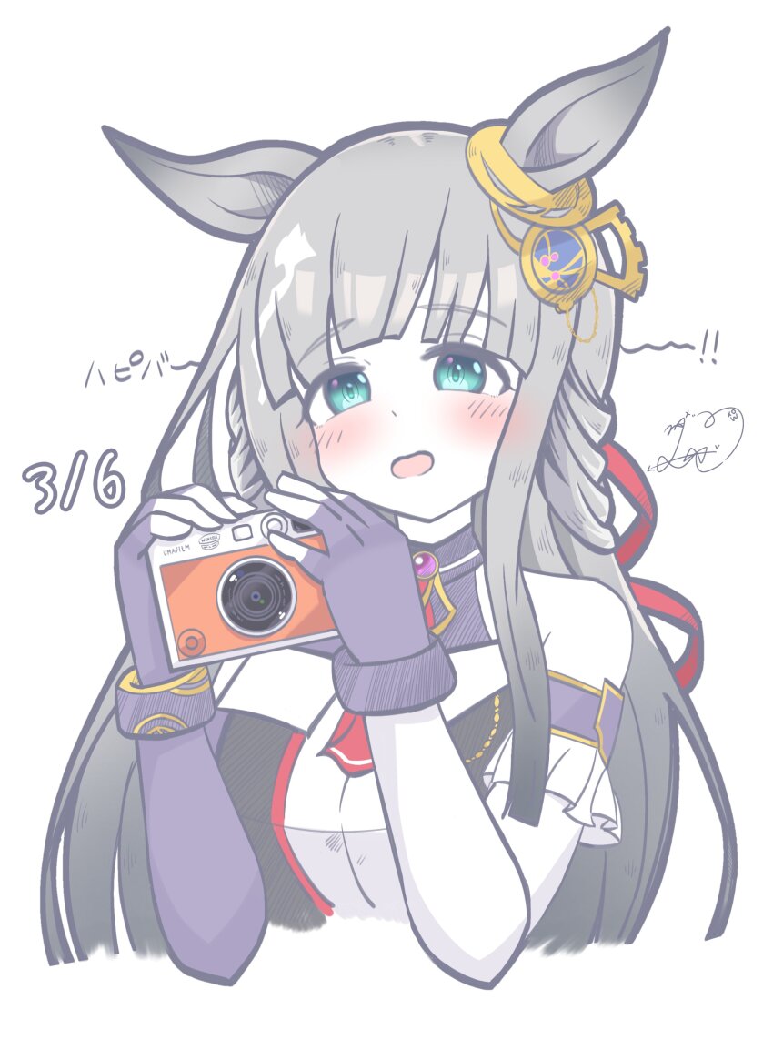 1girl absurdres animal_ears blue_eyes blunt_bangs blush breasts camera chrono_genesis_(umamusume) commentary_request dated detached_sleeves fingerless_gloves gloves grey_hair hair_between_eyes hair_ornament highres holding holding_camera horse_ears looking_at_viewer mogi_(xw0_mogi_) open_mouth signature solo translation_request umamusume white_background