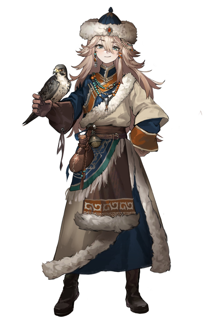 1girl absurdres alternate_costume animal_on_arm bird bird_on_arm black_boots black_hat blonde_hair blue_coat blue_eyes boots brown_gloves brown_robe closed_mouth coat eagle full_body fur-trimmed_headwear fur-trimmed_robe fur_trim gloves hair_between_eyes hair_ornament hand_on_own_hip hat highres legs_apart lilya_(reverse:1999) long_hair looking_at_viewer mongolian_clothes reverse:1999 robe sangxin-bingkuang_chang_ergouzi single_glove smile solo standing white_background wineskin