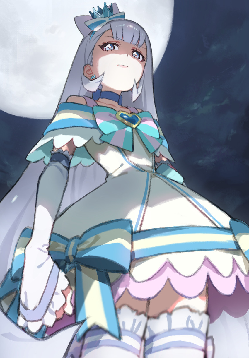 1girl absurdres arm_warmers blue_eyes blunt_bangs bow bowtie brooch choker closed_mouth cowboy_shot crown crown_earrings cure_nyammy dress earrings full_moon hair_behind_ear hair_bow hairband heart heart_brooch highres hiji_rida jewelry long_hair looking_at_viewer magical_girl mini_crown moon nekoyashiki_yuki night night_sky pink_lips precure serious shaded_face sky sleeveless sleeveless_dress solo standing straight_hair thighhighs white_dress white_hair white_thighhighs wonderful_precure!