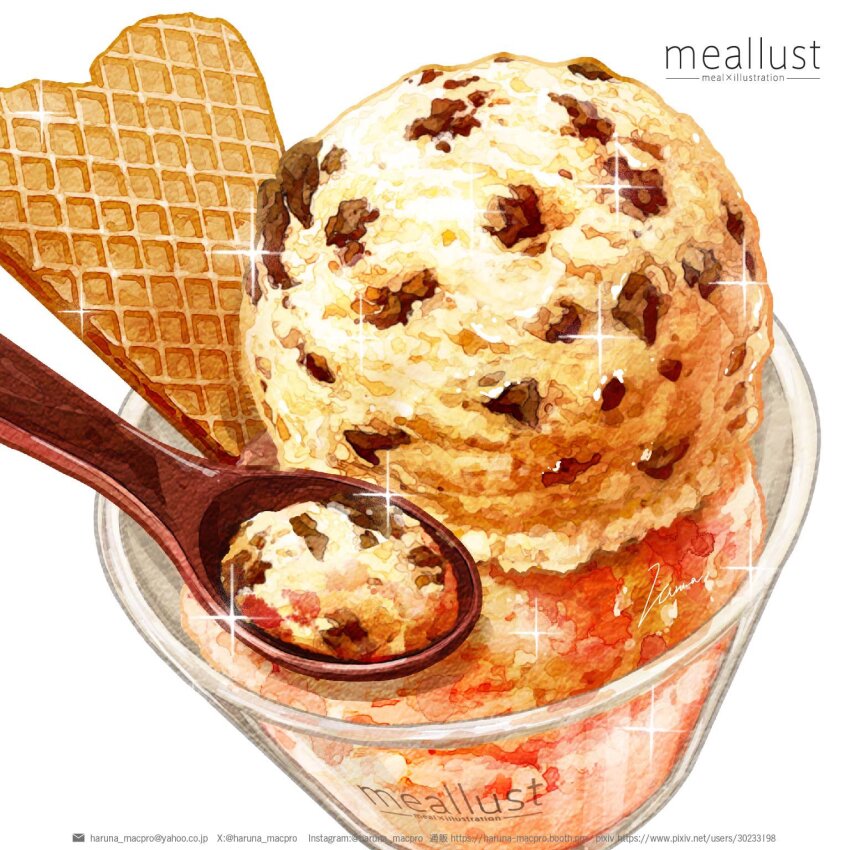 artist_name food food_focus haruna_macpro highres ice_cream no_humans original simple_background sparkle spoon wafer white_background