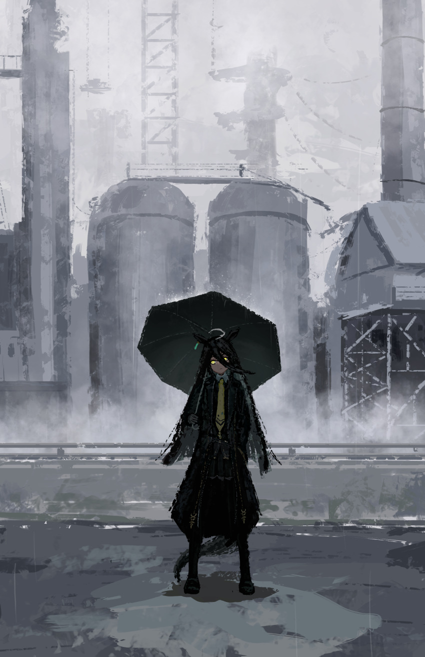 1girl absurdres ahoge animal_ears black_coat black_gloves black_pantyhose black_shirt black_skirt censored coat collared_shirt ear_tag earrings fog frown gloves hair_between_eyes hand_in_pocket hand_up highres holding holding_umbrella horse_ears horse_girl horse_tail jewelry long_hair long_hair_between_eyes looking_to_the_side manhattan_cafe_(umamusume) mosaic_censoring multicolored_hair necktie pantyhose pleated_skirt shirt single_earring skirt solo standing tail thefatum umamusume umbrella very_long_hair white_hair yellow_eyes yellow_necktie