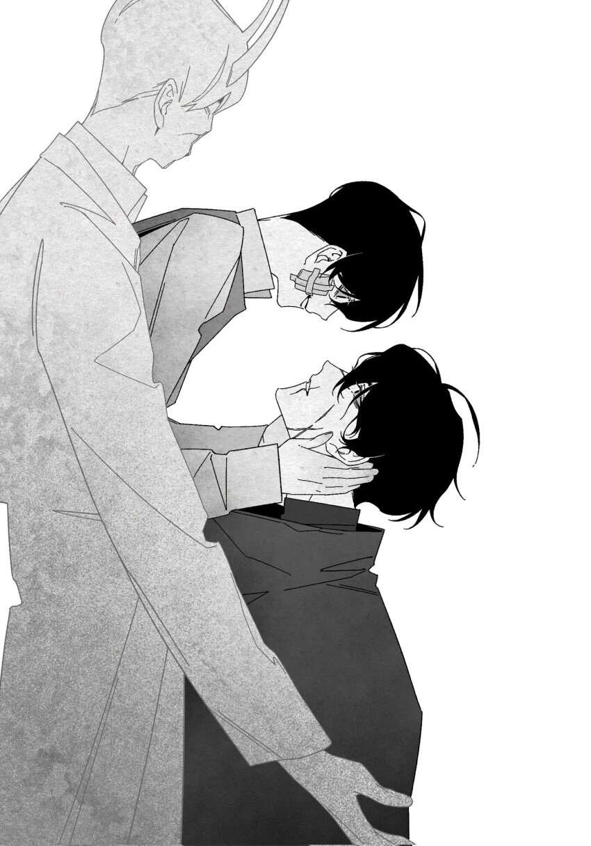 2boys :d bandage_on_face bandages benkdjjituibot black_coat black_eyes black_hair black_vest coat cocoon collared_shirt demon_horns dual_persona fleeing grabbing_another&#039;s_head grin hand_on_another&#039;s_neck highres horns hug kim_dokja looking_at_another multiple_boys multiple_scars multiple_views official_alternate_costume oldest_dream omniscient_reader&#039;s_viewpoint open_mouth popped_collar porcelain scar scar_on_face scar_on_mouth shirt short_hair smile statue vest white_background white_coat white_hair white_shirt yoo_joonghyuk