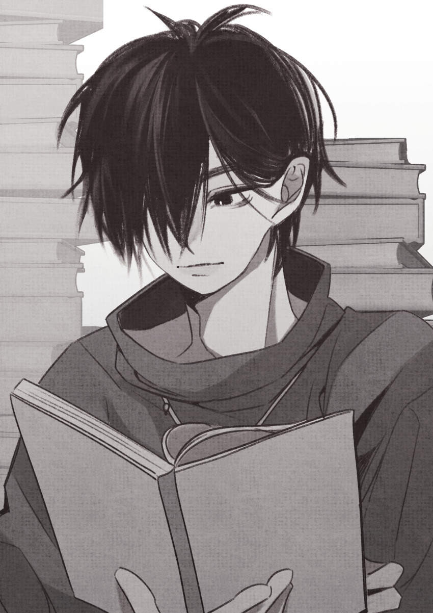 1boy aiba_ibuki antenna_hair book book_stack closed_mouth commentary_request greyscale hair_over_one_eye highres holding holding_book korean_commentary male_focus monochrome reading saibou_shinkyoku short_hair solo upper_body white_background yull_gok