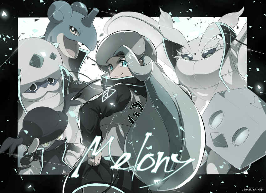 1girl aqua_eyes artist_name character_name closed_mouth coat commentary_request eiscue eyelashes frosmoth fur_hat galarian_darmanitan galarian_form game_freak gen_1_pokemon gen_8_pokemon gym_leader hand_on_own_hip hat highres lapras long_hair long_sleeves looking_at_viewer looking_back mature_female melony_(pokemon) mr._rime multicolored_hair nintendo odd_(hin_yari) pokemon pokemon_(creature) pokemon_swsh smile streaked_hair watermark
