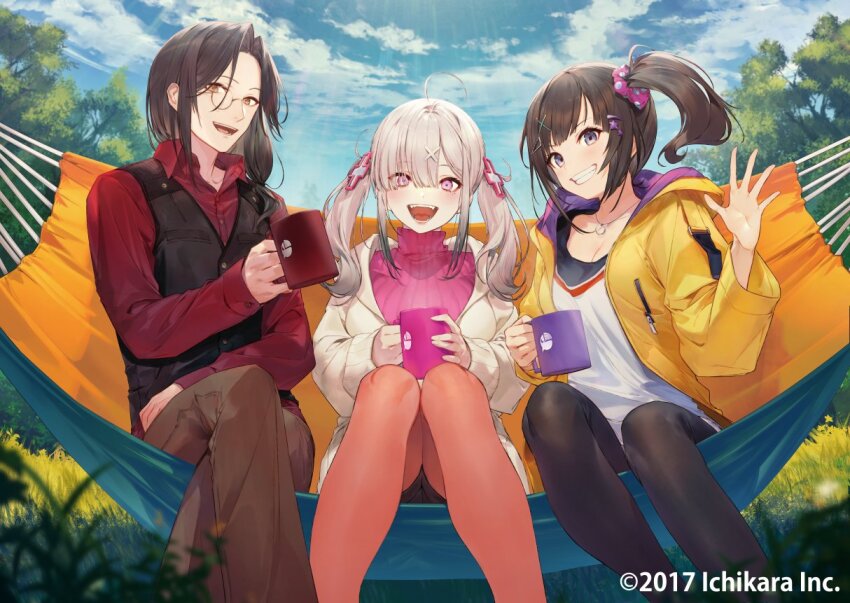1boy 2girls :d ahoge alternate_costume black_hair black_pantyhose black_shirt black_shorts black_vest blunt_bangs breasts brown_pants cloud collared_shirt copyright_notice crossed_legs cup day fangs feet_out_of_frame grass grey_hair grin hair_between_eyes hair_ornament hair_over_shoulder hair_scrunchie hairclip hammock hayase_sou holding holding_cup hood hood_down hooded_jacket jacket jewelry knees_together_feet_apart kodama_(wa-ka-me) large_breasts long_hair long_sleeves looking_at_viewer low_ponytail medium_hair mole mole_under_eye monocle mug multiple_girls necklace nijisanji official_art open_collar open_hand open_mouth orange_pantyhose pants pantyhose parted_bangs pink_eyes pink_scrunchie pink_sweater polka_dot polka_dot_scrunchie ponytail purple_eyes red_shirt scrunchie shellin_burgundy shirt short_shorts shorts side_ponytail sitting sleeves_past_wrists smile sukoya_kana sweater teeth tree tulip-gumi_(nijisanji) turtleneck twintails upper_teeth_only vest virtual_youtuber waving white_jacket white_shirt x_hair_ornament yellow_eyes yellow_jacket