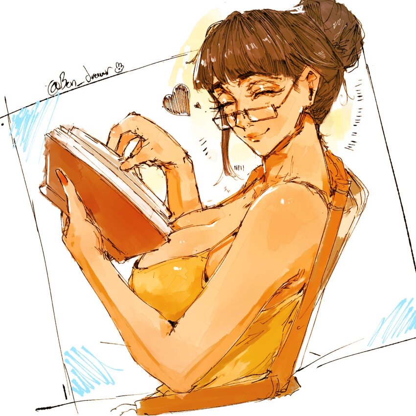 1girl ^_^ black_hair bon_drawr book breasts cleavage closed_eyes closed_mouth commentary eyeshadow glasses hair_bun heart highres holding holding_book makeup nico_robin one_piece profile red_nails signature sitting solo upper_body