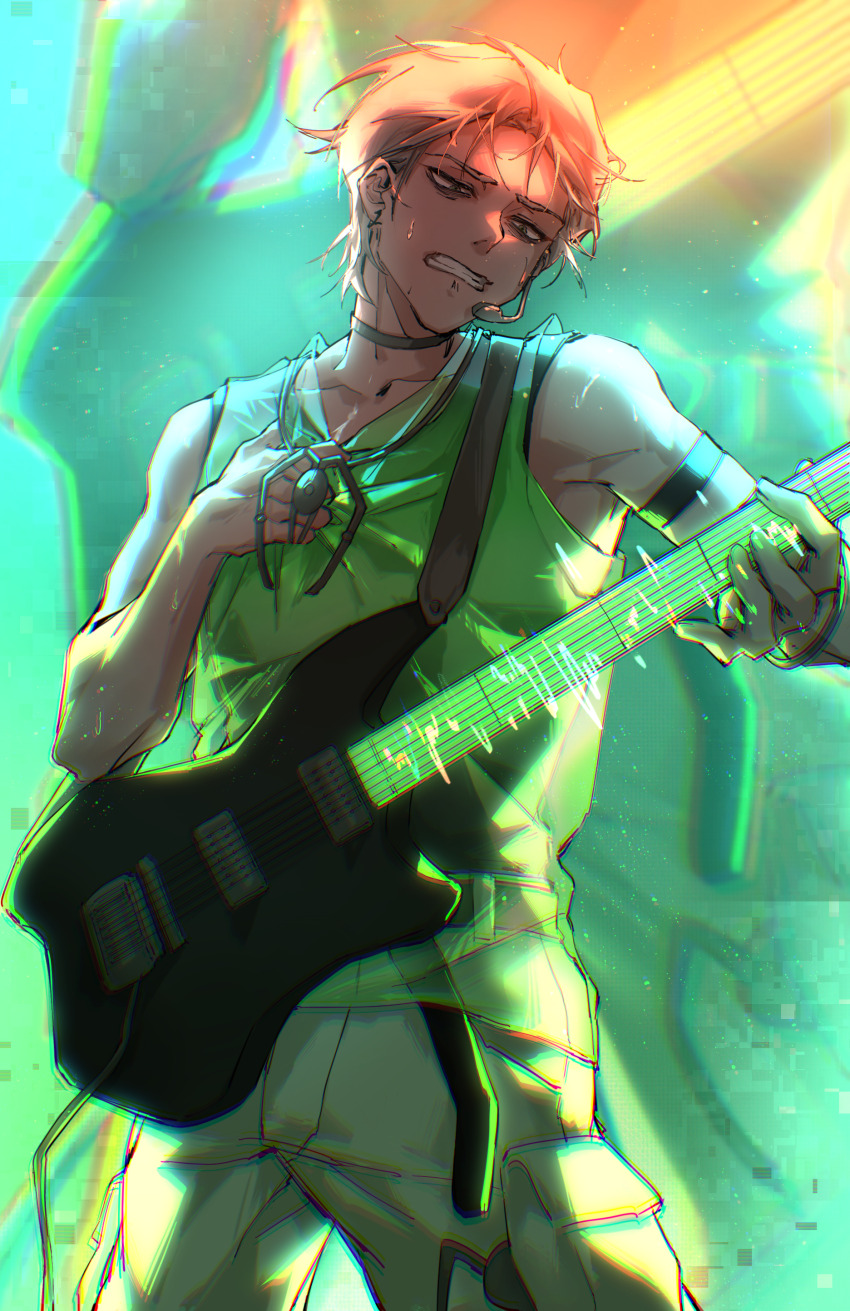 1boy absurdres alien_stage armband chinese_commentary choker clenched_teeth clutching_chest commentary_request earrings green_eyes green_tank_top grey_choker grey_hair guitar headset highres holding holding_guitar holding_instrument instrument jewelry male_focus microphone qingben075 short_hair tank_top teeth till_(alien_stage) very_short_hair zoom_layer