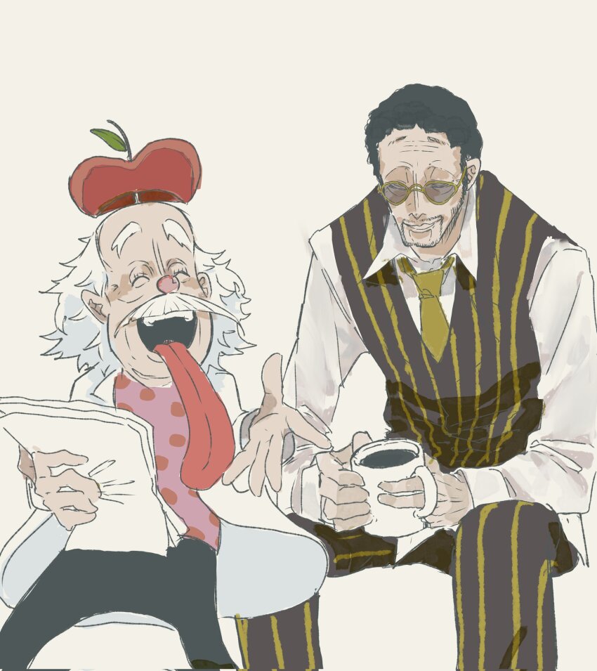 2boys ^_^ beard black_hair borsalino_(kizaru) closed_eyes co_cha_mon collared_shirt commentary_request cup dr._vegapunk facial_hair highres holding holding_cup holding_paper lab_coat long_tongue male_focus multiple_boys mustache necktie one_piece pants paper shirt short_hair simple_background sitting smile striped_clothes striped_pants striped_vest sunglasses tongue tongue_out vertical-striped_clothes vertical-striped_pants vertical-striped_vest vest white_hair white_shirt
