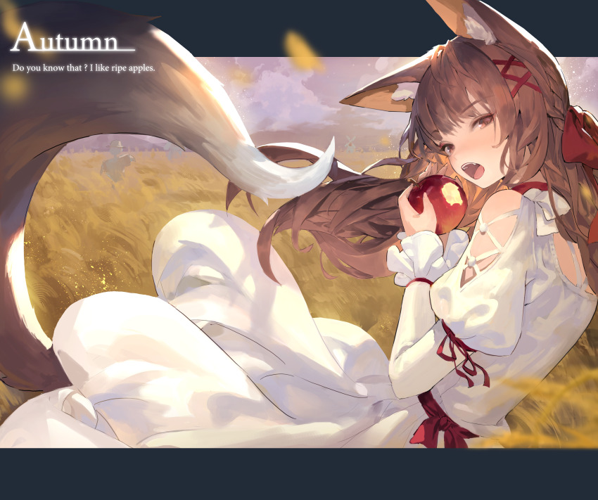 1girl absurdres animal_ear_fluff animal_ears apple bitten_apple brown_eyes brown_hair commentary cowboy_shot dated_commentary dress english_commentary english_text food food_bite fox_ears fox_girl fox_tail from_side fruit hair_ribbon highres holding holding_food holding_fruit jung_wonjo letterboxed long_hair long_sleeves looking_at_viewer open_mouth original outdoors outside_border puffy_long_sleeves puffy_sleeves red_ribbon ribbon scarecrow solo tail teeth upper_teeth_only wheat_field white_dress