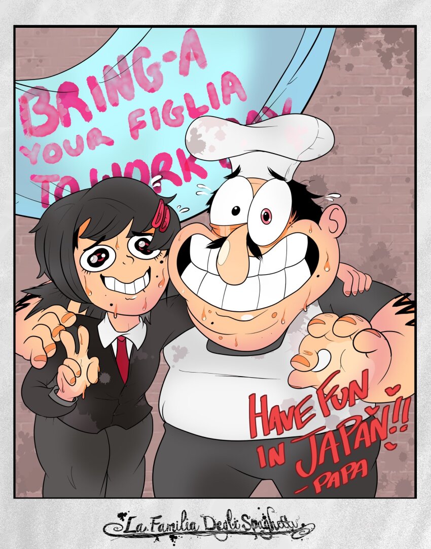 1boy 1girl arm_around_shoulder chainsaw_man chef_hat collared_shirt crossover dirty dirty_clothes drememoto english_text eye_twitch father_and_daughter grin hair_ornament hairclip hat higashiyama_kobeni highres italian_text mixed-language_text multiple_moles necktie nervous_smile ok_sign orange_nails peppino_spaghetti pizza_tower red_necktie shirt single_sidelock smile sweat trait_connection v