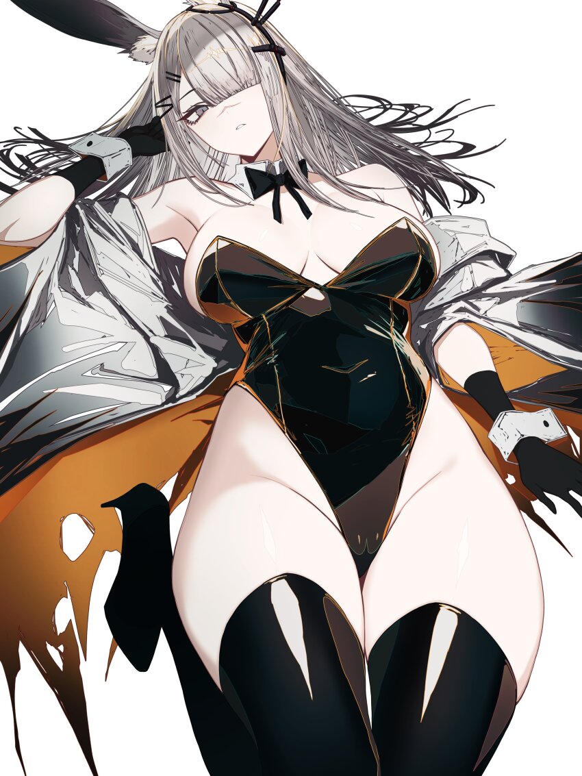 1girl absurdres alternate_costume animal_ear_fluff animal_ears arknights armpits black_boots black_bow black_bowtie black_gloves black_leotard blunt_bangs boots bow bowtie breasts cleavage commentary detached_collar ekiviw expressionless foot_out_of_frame frostnova_(arknights) gloves grey_eyes grey_hair grey_jacket hair_ornament hair_over_one_eye hairclip hand_in_own_hair high_heel_boots high_heels highleg highleg_leotard highres jacket large_breasts latex latex_boots latex_leotard leotard long_hair looking_at_viewer multicolored_jacket off_shoulder open_clothes open_jacket orange_jacket parted_lips playboy_bunny rabbit_ears rabbit_girl scar scar_on_face scar_on_nose simple_background solo strapless strapless_leotard thigh_boots traditional_bowtie two-sided_fabric two-sided_jacket two-tone_jacket vxdrq white_background wing_collar wrist_cuffs