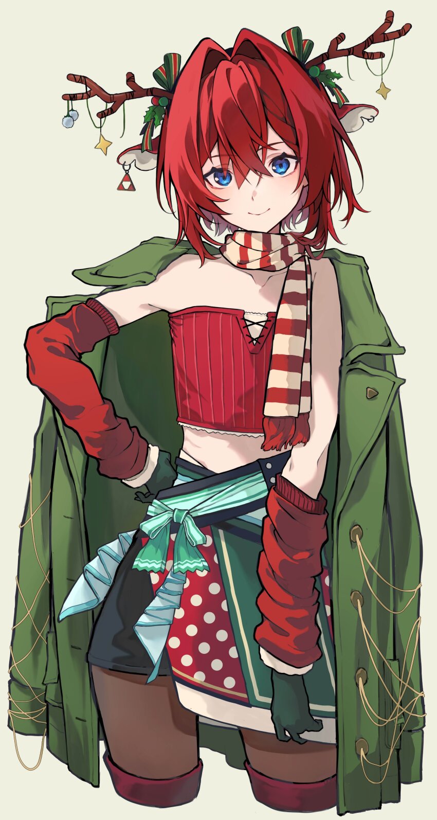 1girl absurdres akechi_(akechi_5416) alternate_costume ange_katrina animal_ears antler_ornament arm_warmers belt belt_bow black_shorts blue_eyes bow brown_pantyhose christmas coat collarbone commentary_request cowboy_shot cropped_legs crossed_bangs deer_ears earrings fake_antlers flat_chest four-pointed_star gloves green_background green_belt green_bow green_coat green_gloves green_skirt hair_between_eyes hair_bow hair_intakes hair_ornament half-skirt hand_on_own_hip head_tilt highres holly_hair_ornament jewelry lapels leaf_hair_ornament long_bangs looking_at_viewer midriff mismatched_earrings multicolored_scarf multicolored_skirt nijisanji open_clothes open_coat pantyhose polka_dot polka_dot_skirt red_arm_warmers red_hair red_scarf red_skirt red_tube_top ribbed_tube_top ribs scarf short_hair shorts simple_background skinny skirt smile solo strapless striped_clothes striped_scarf tube_top virtual_youtuber yellow_scarf