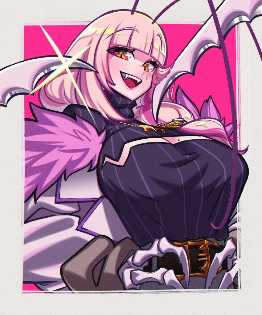 1girl antennae arthropod_limbs belt blunt_bangs breasts claws cleavage cleavage_cutout clothing_cutout cockroach_girl commentary fang fur-trimmed_jacket fur_trim glint hair_over_shoulder hashtag-only_commentary highres huge_breasts jacket loen matara_kan mole mole_on_breast multicolored_hair open_mouth orange_eyes pink_hair shirt slit_pupils smile solo taut_clothes taut_shirt turtleneck two-tone_hair upper_body virtual_youtuber vshojo white_jacket