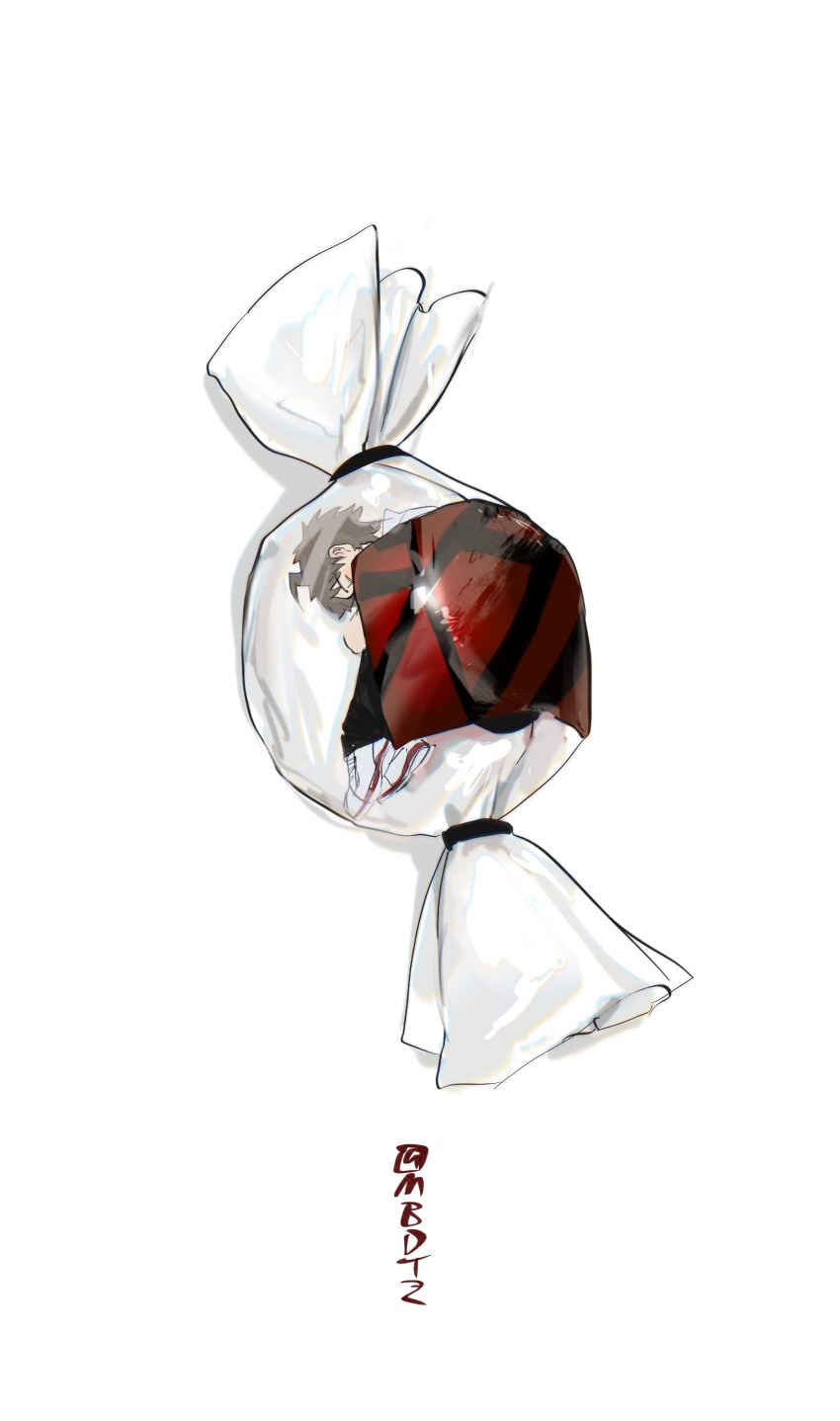 1boy absurdres artist_name brown_hair candy candy_wrapper danganronpa_(series) danganronpa_2:_goodbye_despair food highres hinata_hajime lying male_focus mbdtz mini_person miniboy on_side shoes short_hair simple_background white_background wrapped_candy