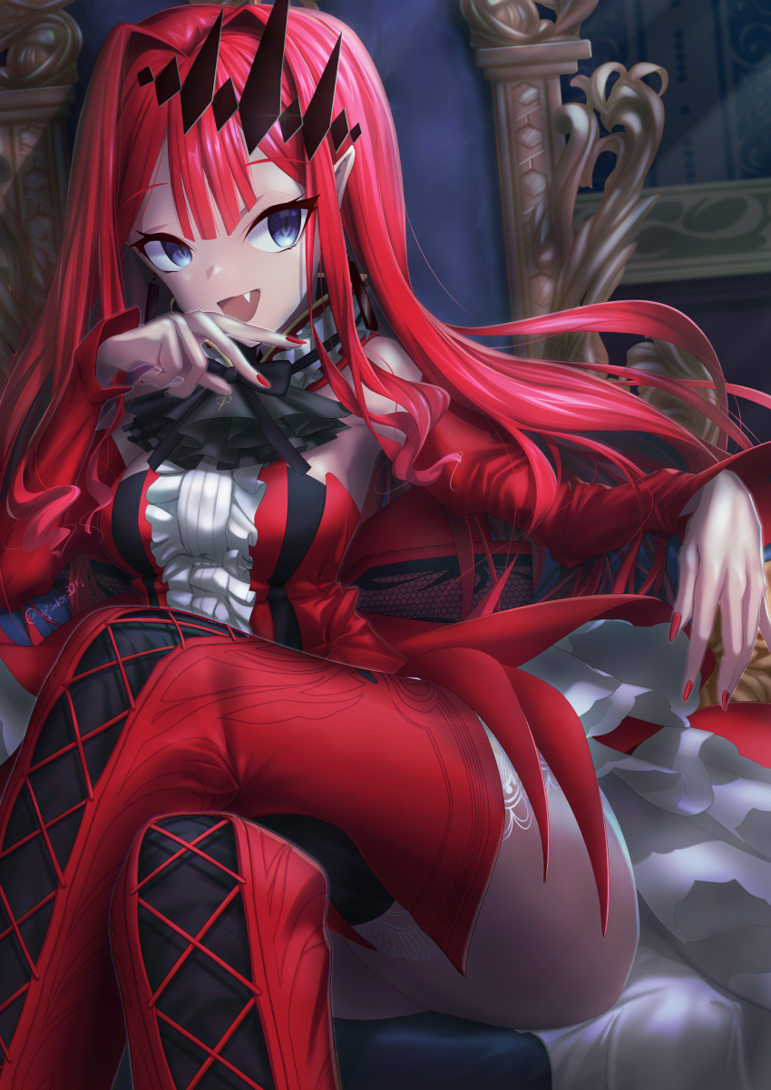1girl absurdres ass baobhan_sith_(fate) baobhan_sith_(first_ascension)_(fate) boots breasts detached_sleeves dress earrings fang fate/grand_order fate_(series) frilled_dress frills grey_eyes hair_ornament hand_up highres jewelry long_sleeves open_mouth pointy_ears red_boots red_dress red_hair red_nails sidelocks sitting sitting_on_throne smile solo thigh_boots upsilon3219
