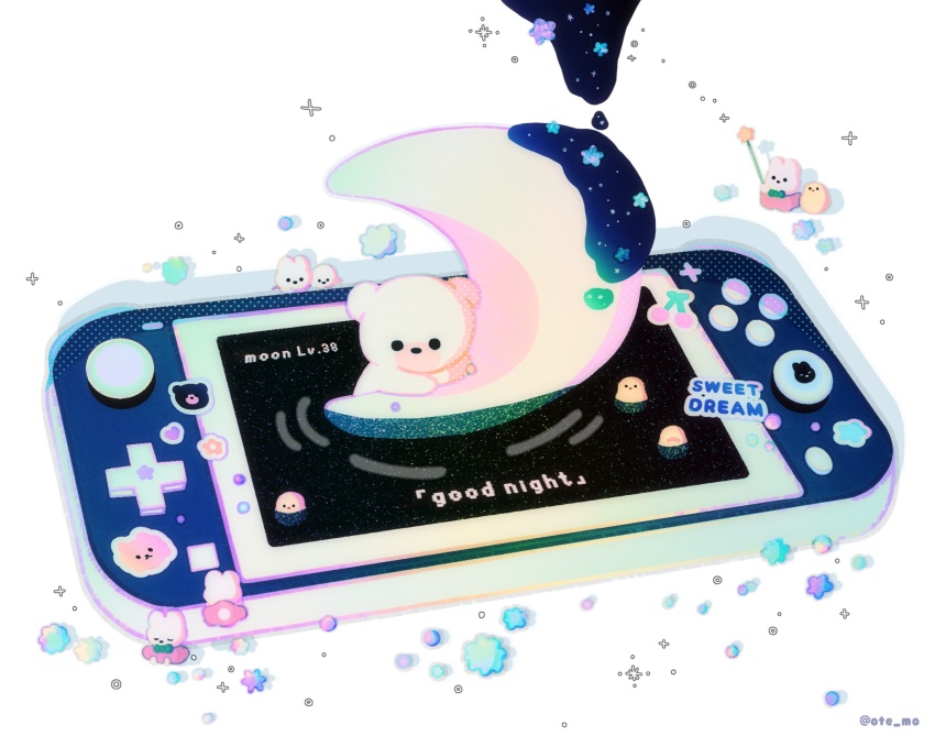 closed_eyes commentary_request creature crescent english_text game_console handheld_game_console highres magic moyaco no_humans original simple_background solid_circle_eyes solid_eyes sparkle star_(symbol) sticker wand white_background