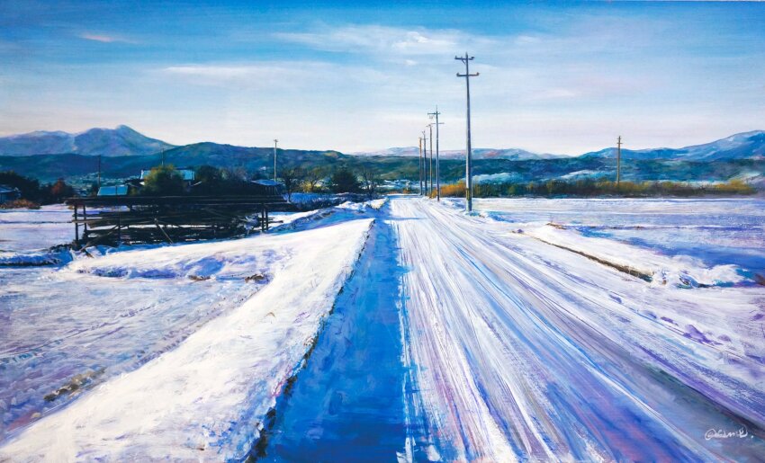 blue_sky cloud cloudy_sky day field highres latex_cult mountain mountainous_horizon original painting_(medium) power_lines rural scenery shadow sky snow sunlight traditional_media utility_pole watercolor_(medium)