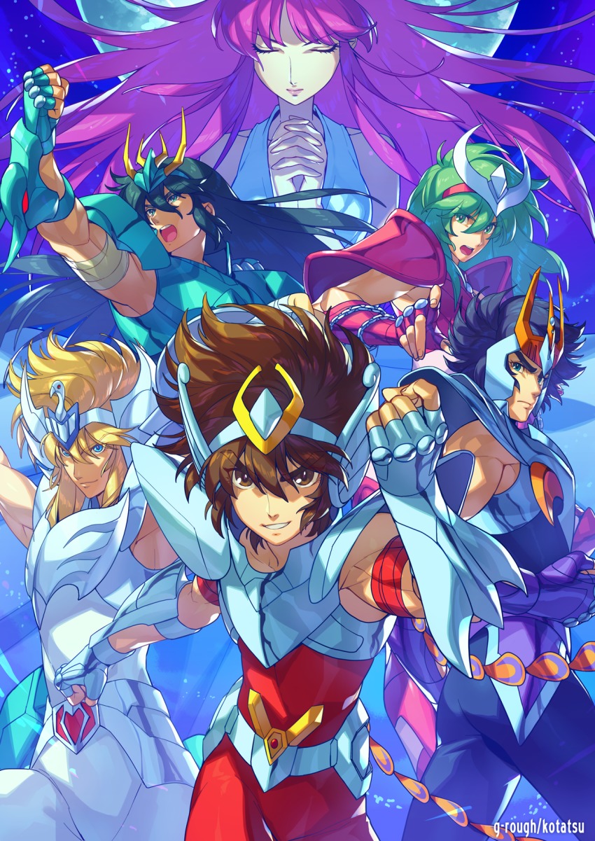 1girl 5boys andromeda_shun armor athena_(saint_seiya) black_hair blonde_hair blue_eyes breastplate brown_eyes brown_hair closed_mouth cygnus_hyouga dragon_shiryuu closed_eyes fingerless_gloves frown gauntlets gloves green_eyes green_hair grin hair_between_eyes hand_up headpiece highres kotatsu_(g-rough) looking_at_viewer multiple_boys open_mouth pauldrons pegasus_seiya phoenix_ikki purple_hair saint_seiya shoulder_armor signature smile