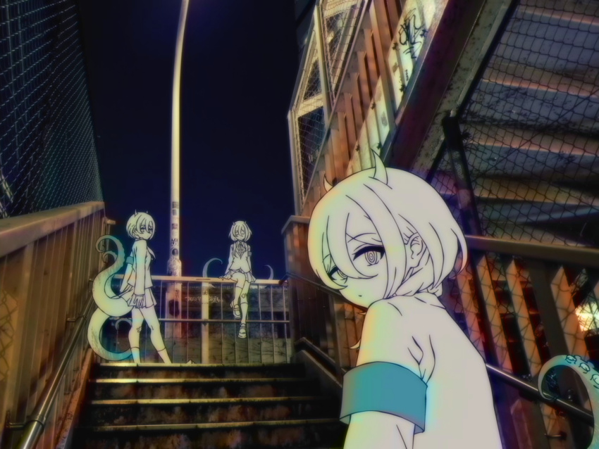 3girls armband blue_armband chain-link_fence clone closed_eyes closed_mouth commentary_request expressionless fence hair_between_eyes hair_over_shoulder highres horns indie_virtual_youtuber jacket kneehighs lamppost long_hair long_sleeves looking_at_viewer looking_back low_twintails multiple_girls night nkymyura on_railing outdoors partially_colored photo_background pleated_skirt railing ringed_eyes school_uniform sitting skirt socks stairs standing tentacles twintails virtual_youtuber yamata_ia yuurei_mitai_(vocaloid)