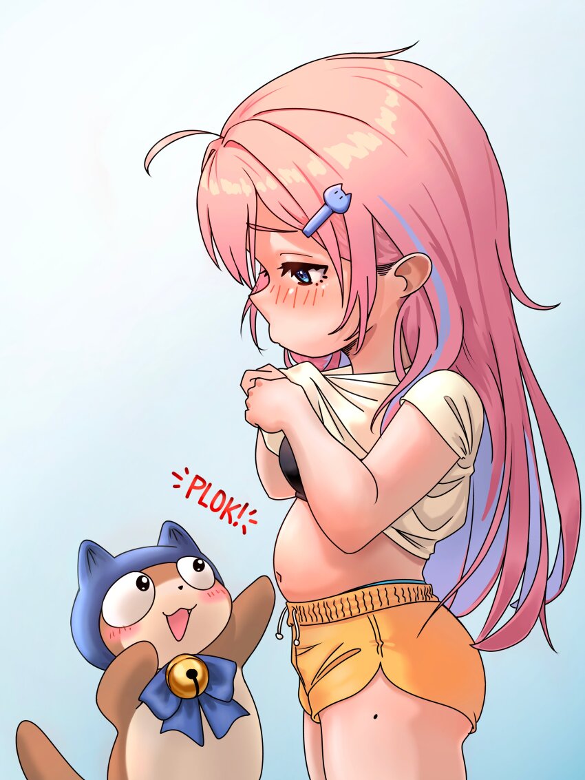 1girl 1other absurdres ahoge ass black_bra blue_eyes blue_panties blush borrowed_character bra breasts clothes_lift embarrassed from_side hair_ornament hairclip highres lifting_own_clothes loli long_hair navel original panties panties_under_shorts panty_peek pink_hair plump poking poking_belly shirt shirt_lift short_shorts short_sleeves shorts small_breasts stomach thighs underwear white_shirt yellow_shorts yukujimaari