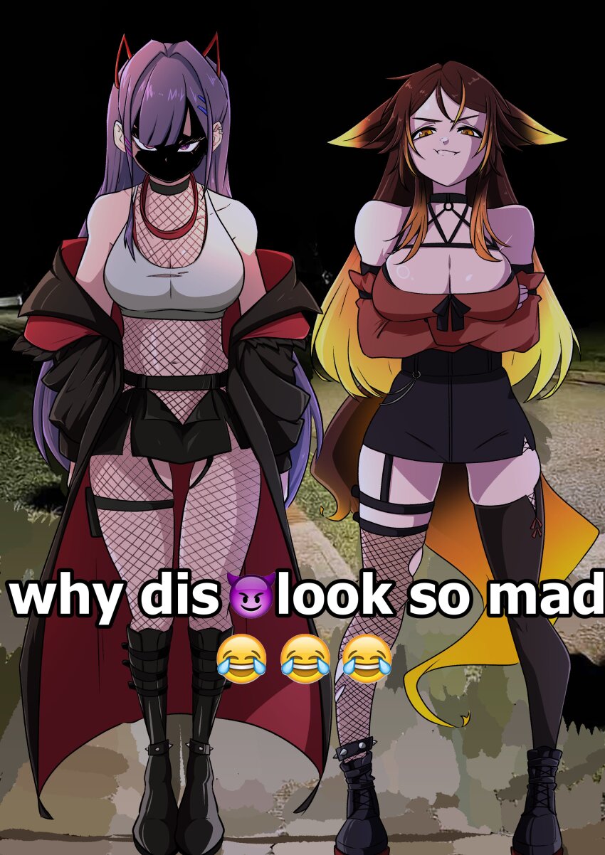 2girls absurdres akuma_nihmune akuma_nihmune_(demon_past) animal_ears commentary demon_horns emoji highres horns indie_virtual_youtuber laughing meme multiple_girls purple_hair sinder_(vtuber) sinder_(vtuber)_(sinder_2.0) soda_pop3423 tail virtual_youtuber why_dis_ninja_look_so_mad_(meme) wolf_ears wolf_girl wolf_tail