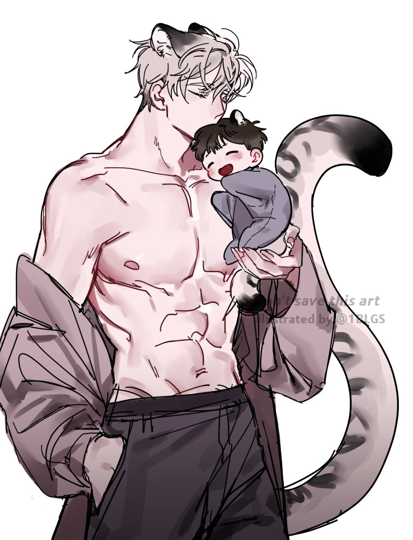 1blgs 2boys :d abs animal_ears baby black_hair black_pants blush brown_robe closed_eyes collarbone cowboy_shot grey_hair highres ilay_riegrow jeong_taeui male_focus multiple_boys navel nipples open_clothes open_mouth open_robe pants passion_(manhwa) pectorals robe short_hair simple_background smile snow_leopard_boy snow_leopard_ears snow_leopard_tail tail toned toned_male white_background