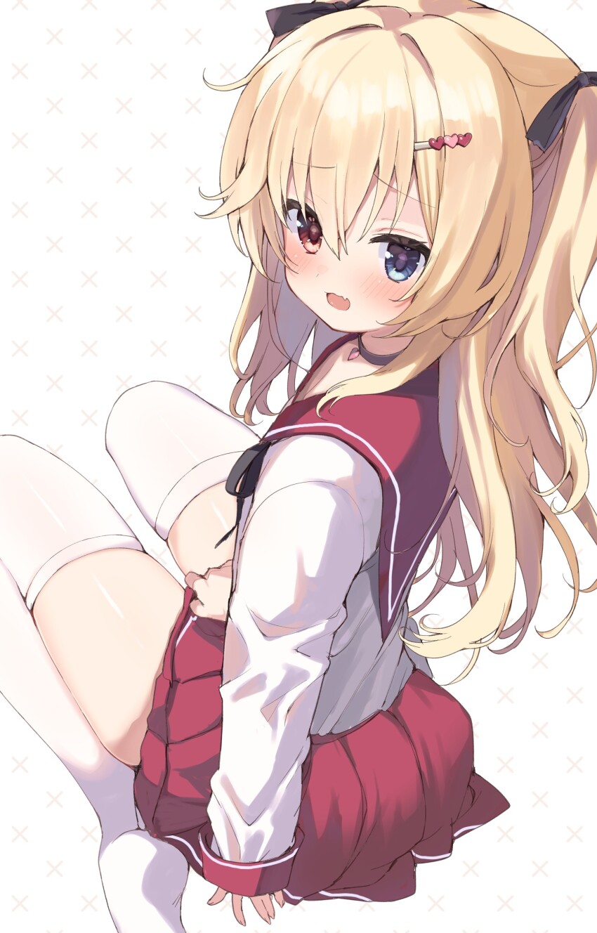 1girl absurdres arm_at_side black_bow black_choker blonde_hair blue_eyes blush borrowed_character bow choker commentary commission dutch_angle fang from_behind full_body hair_between_eyes hair_bow hair_ornament heart heart_hair_ornament heterochromia highres long_hair long_sleeves looking_at_viewer looking_back miniskirt no_shoes open_mouth original pleated_skirt red_eyes red_sailor_collar red_skirt sailor_collar school_uniform serafuku shiny_skin shirt sidelocks simple_background sitting skeb_commission skin_fang skirt skirt_tug solo takepoison thighhighs thighs two_side_up wariza white_background white_shirt white_thighhighs zettai_ryouiki
