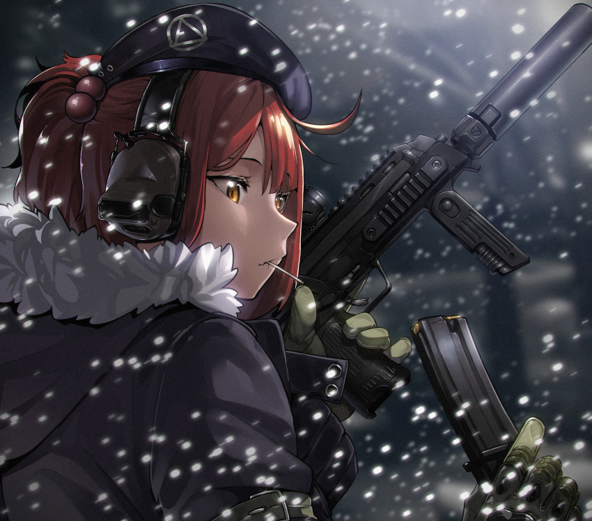 1girl absurdres ammunition armor-piercing_ammunition beret black_hat bullet candy commission food girls&#039;_frontline gloves green_gloves gun h&amp;k_mp7 hat headphones highres hk_4.6x30mm holding holding_gun holding_magazine_(weapon) holding_weapon lollipop long_sleeves magazine_(weapon) military_cartridge mp7_(girls&#039;_frontline) orange_eyes pdw_cartridge personal_defense_weapon pixiv_commission red_hair sd_bigpie snowing solo submachine_gun supersonic_ammunition suppressor tactical_clothes upper_body weapon