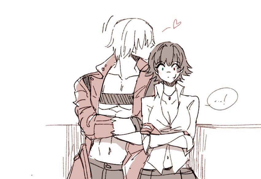 1boy 1girl black_hair coat crossed_arms dante_(devil_may_cry) devil_may_cry devil_may_cry_(series) devil_may_cry_3 heart highres jewelry jumpoon kiss kissing_hair lady_(devil_may_cry) midriff navel necklace no_shirt red_coat shirt short_hair sketch white_hair white_shirt