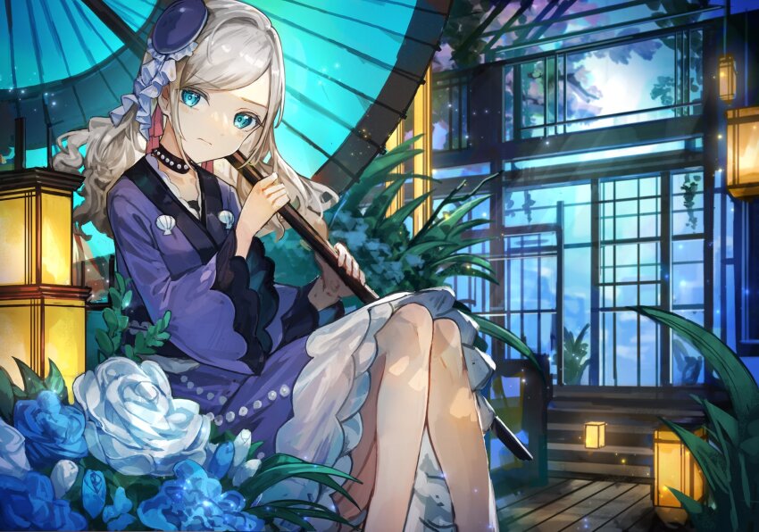 1girl beret blue_eyes blue_flower blue_hat blue_kimono blue_rose blue_skirt blue_umbrella ceras_yanagida_lilienfeld commentary cosplay feet_out_of_frame floor_lamp flower grey_hair hair_intakes hair_ribbon hat highres hinoshita_kaho hinoshita_kaho_(cosplay) indoors japanese_clothes kimono kimono_skirt lamp light_particles link!_like!_love_live! long_hair long_sleeves love_live! mini_hat oil-paper_umbrella pink_ribbon popupi_12 ribbon rose sitting skirt solo swept_bangs tilted_headwear tsukuyomi_kurage umbrella umbrella_over_shoulder virtual_youtuber wavy_hair white_flower white_rose