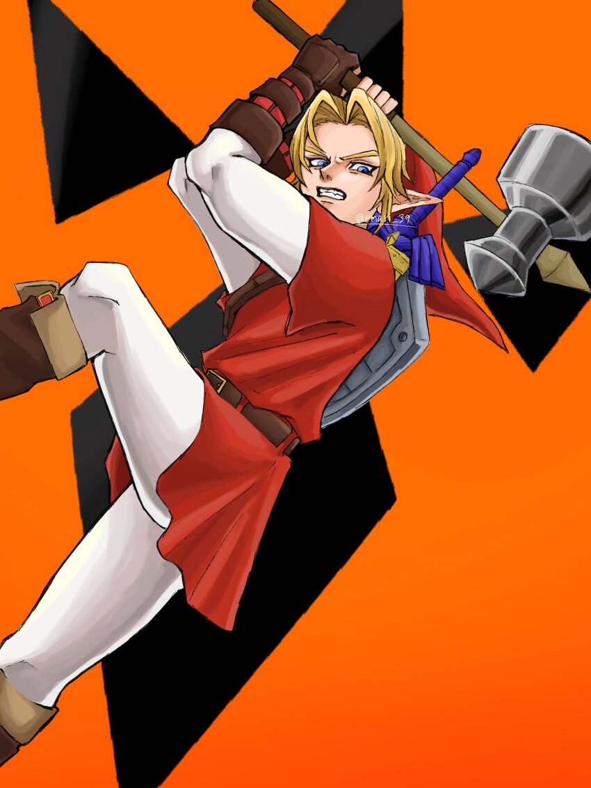 1boy blonde_hair blue_eyes boots clenched_hands emari_39 fingerless_gloves gauntlets gloves goron_tunic hammer hat highres link master_sword megaton_hammer nintendo orange_background pointy_ears shield shield_on_back sledgehammer solo swinging the_legend_of_zelda the_legend_of_zelda:_ocarina_of_time tunic