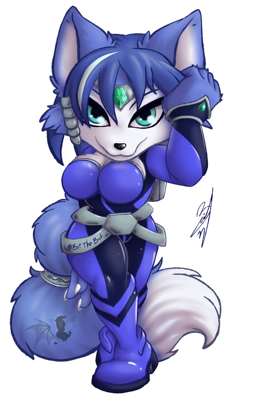 absurdres animal_ears blue_fur blue_hair blue_suit breasts brithebat chibi cleavage formal_clothes fox_ears fox_girl fox_tail furry furry_female highres jewelry jumpsuit krystal large_breasts nintendo star_fox star_fox_assault suit tail
