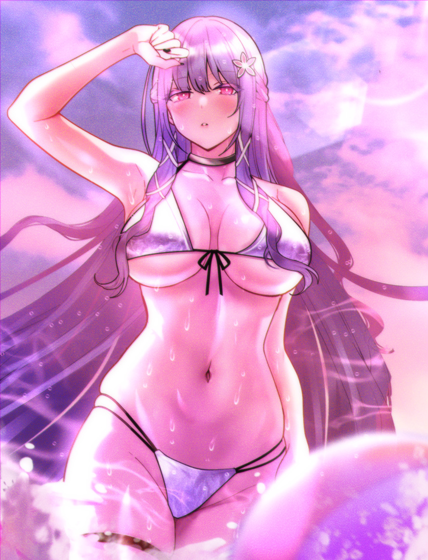 1girl absurdres arm_up armpits art_undertaker ball bare_arms bare_shoulders beachball bikini black_nails blurry blush breasts breasts_apart cloud cloudy_sky collarbone commentary counter:side cowboy_shot depth_of_field fingernails flower front-tie_bikini_top front-tie_top groin hair_flower hair_ornament half_updo halterneck highleg highleg_bikini highres large_breasts lens_flare long_fingernails long_hair looking_at_viewer multi-strapped_bikini_bottom navel outdoors parted_lips pink_eyes purple_hair purple_light purple_sky sidelocks skindentation sky solo stomach string_bikini swan_claire swimsuit thigh_strap underboob variant_set very_long_hair water_drop wet white_bikini