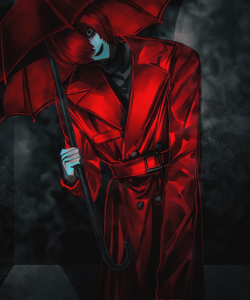 1boy absurdres belt black_background black_eyes black_shirt buttons chinese_commentary coat commentary_request double-breasted hair_over_one_eye head_tilt highres holding holding_umbrella homicipher horror_(theme) lapels long_sleeves looking_at_viewer male_focus moyu_shuang mr._scarletella notched_lapels red_belt red_coat red_hair shirt short_hair smile solo trench_coat umbrella variant_set