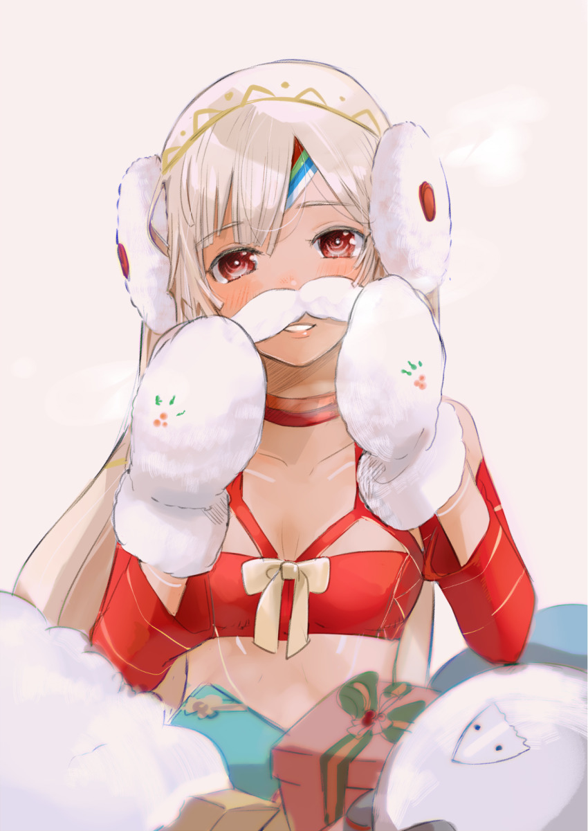 1girl altera_(fate) altera_the_santa_(fate) bikini blonde_hair box breasts cleavage commentary_request earmuffs fake_facial_hair fake_mustache fate/grand_order fate_(series) gift gift_box highres long_hair mittens parted_bangs parted_lips red_bikini red_eyes small_breasts smile solo swimsuit tanaka_(gohanumee) upper_body white_mittens