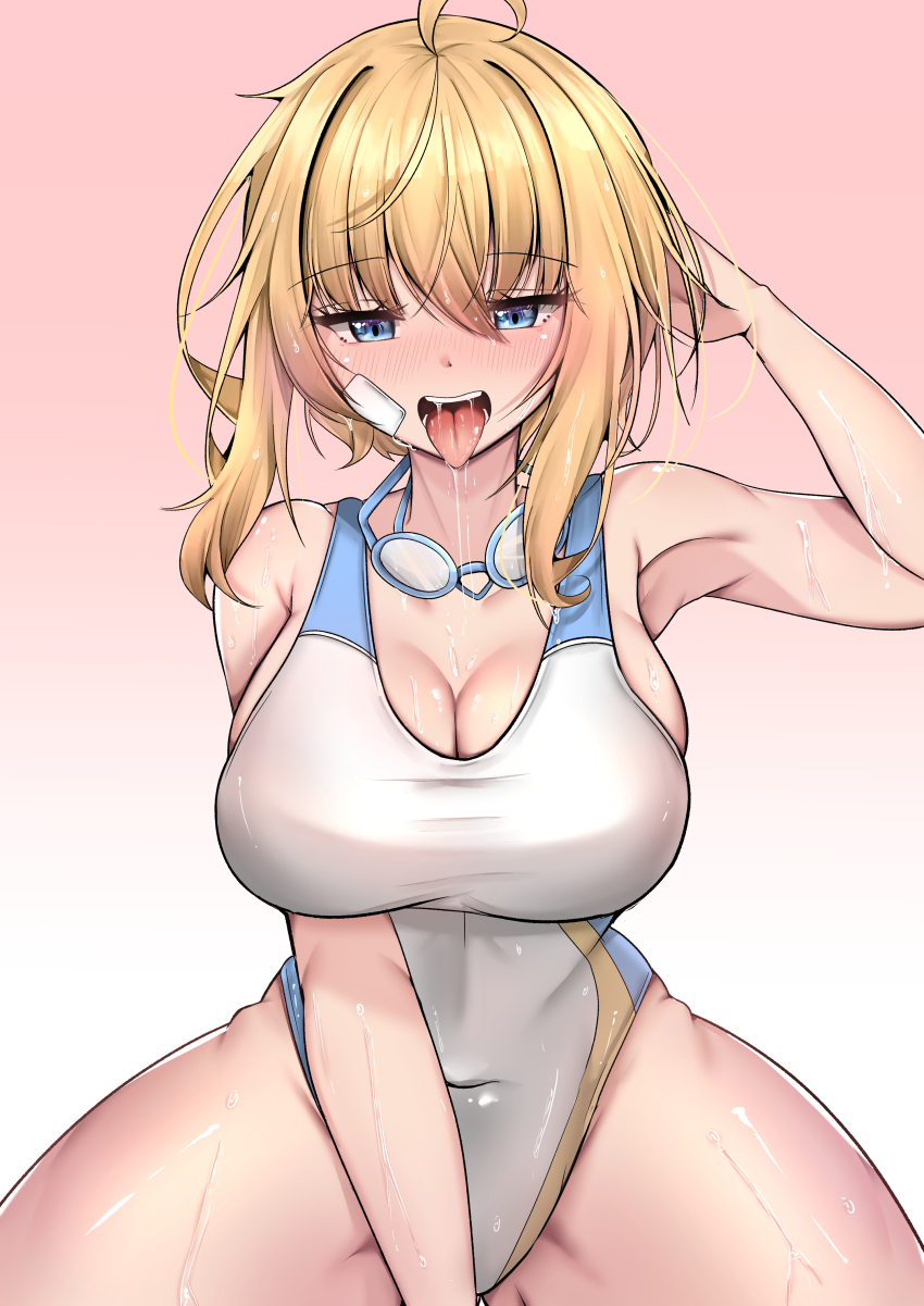 1girl absurdres ahoge amy_strickland arm_up bare_arms blonde_hair blue_eyes breasts cleavage collarbone commission competition_swimsuit counter:side covered_navel goggles goggles_around_neck gradient_background hair_between_eyes highres large_breasts long_hair one-piece_swimsuit open_mouth sera4 simple_background skindentation swimsuit thick_thighs thighs tongue tongue_out wet