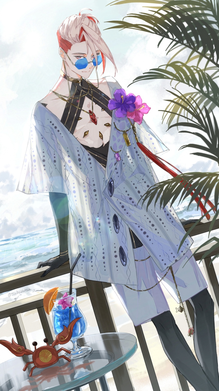 1boy against_railing beach blue-framed_eyewear blue_eyes chest_jewel cloud cloudy_sky crab cup drinking_glass drinking_straw fate/grand_order fate_(series) feet_out_of_frame flower food fruit glass_table gold_choker gold_necklace hibiscus highres jewelry karna_(fate) karna_(summer_outfit)_(fate) male_focus multicolored_hair necklace ocean official_alternate_costume official_alternate_hairstyle orange_(fruit) pale_skin plant railing red_hair sand shorts sky solo sunglasses table tsubashima twitter_username two-tone_hair white_hair white_shorts
