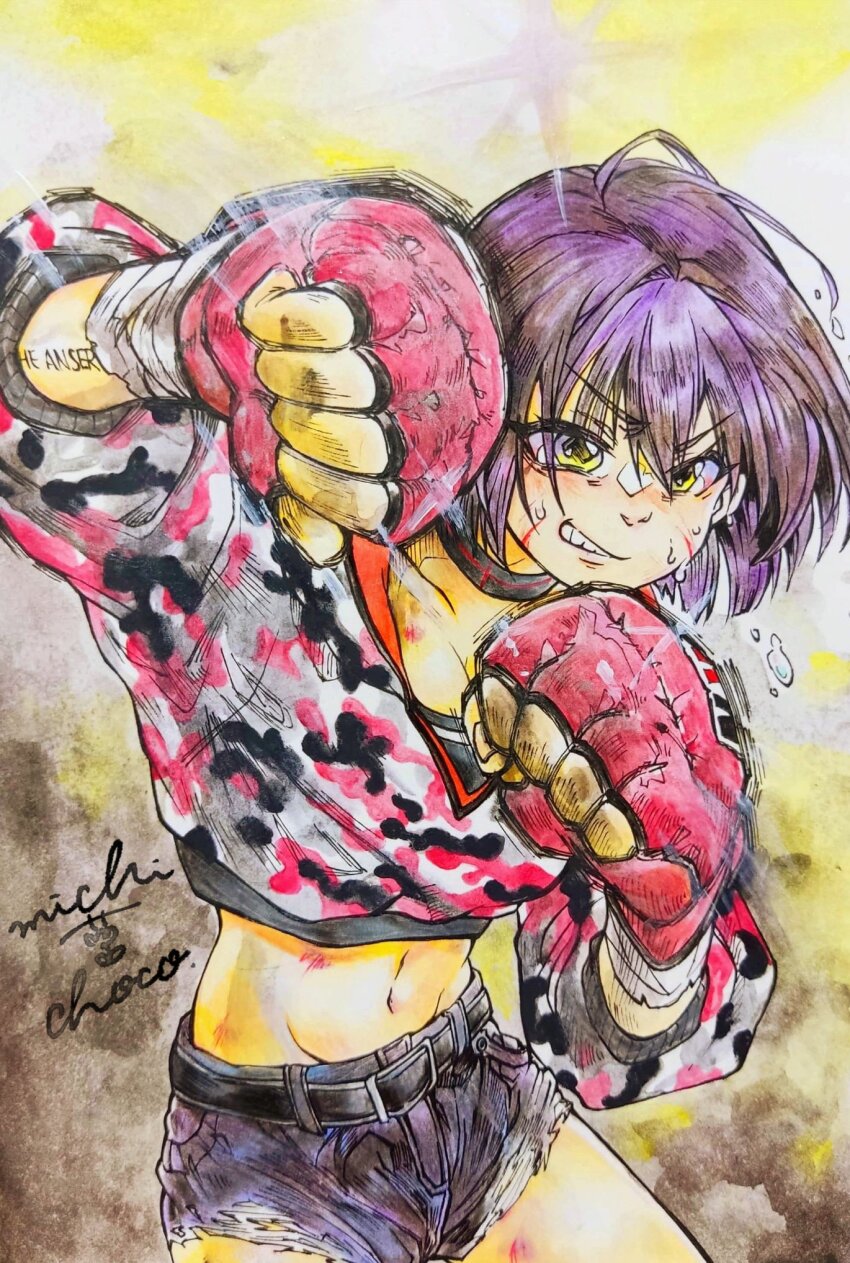 1girl bandaged_wrist bandages black_shorts black_sports_bra boxing_gloves breasts bruise clenched_teeth cropped_jacket fingerless_gloves gloves goddess_of_victory:_nikke highres injury jacket medium_breasts michikusa_choco milk_(extreme_fighter)_(nikke) milk_(nikke) multicolored_jacket navel purple_hair scar scar_on_face short_hair shorts solo sports_bra teeth traditional_media yellow_eyes