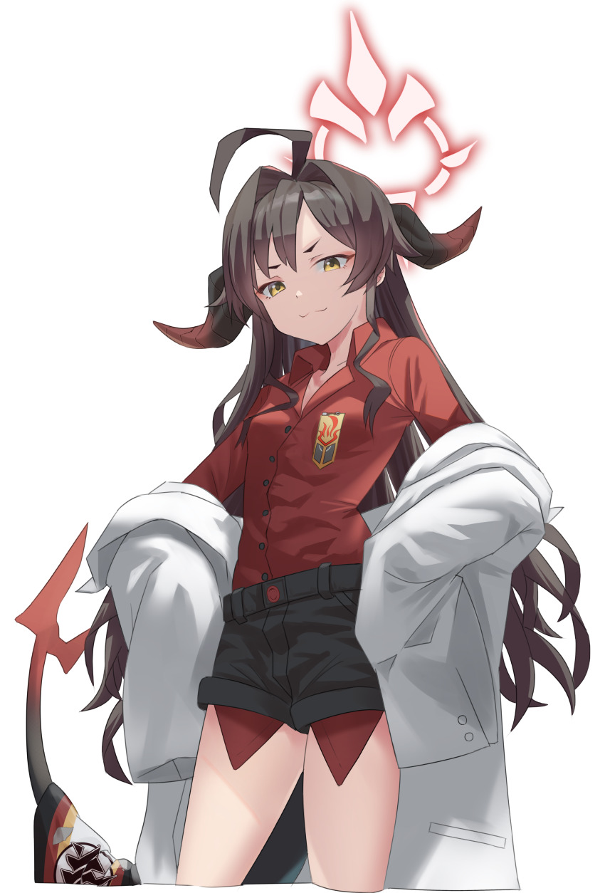 1girl :3 absurdres ahoge black_hair black_horns black_shorts black_tail blue_archive coat coat_partially_removed collared_shirt commentary_request cowboy_shot demon_horns demon_tail hair_intakes halo hands_on_own_hips highres horns kasumi_(blue_archive) lab_coat long_hair long_sleeves long_tail looking_at_viewer nero2 red_halo red_shirt shirt shirt_tucked_in shorts sleeves_past_fingers sleeves_past_wrists smile smug solo tail very_long_hair white_background white_coat yellow_eyes