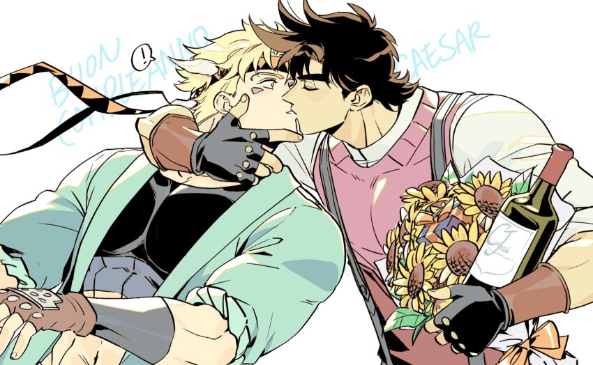 2boys abs arm_around_neck arm_up battle_tendency black_gloves black_shirt black_suspenders blonde_hair blue_eyes bottle bouquet box bracer brown_gloves brown_hair caesar_anthonio_zeppeli closed_eyes commentary compression_shirt compression_sleeve couple english_commentary facial_mark fake_head_wings fingerless_gloves flower gift gift_box gloves green_jacket hair_ornament hakmonss headband highres holding italian_text jacket jojo_no_kimyou_na_bouken joseph_joestar kiss looking_at_another male_focus multiple_boys muscular muscular_male open_clothes open_jacket orange_ribbon patterned patterned_clothing pectorals pink_sweater_vest profile ribbon shirt simple_background sunflower surprised suspenders sweater_vest thick_eyebrows undershirt upper_body white_background white_shirt wine_bottle yaoi