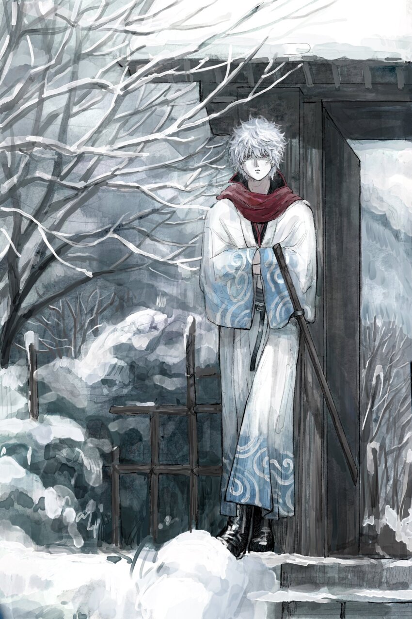 1boy bare_tree black_boots boots branch gate gintama hands_in_opposite_sleeves herztierr highres japanese_clothes kimono male_focus outdoors parted_lips red_eyes red_scarf sakata_gintoki scarf shaded_face short_hair snow solo standing sword tree weapon white_hair wide_sleeves winter wooden_sword