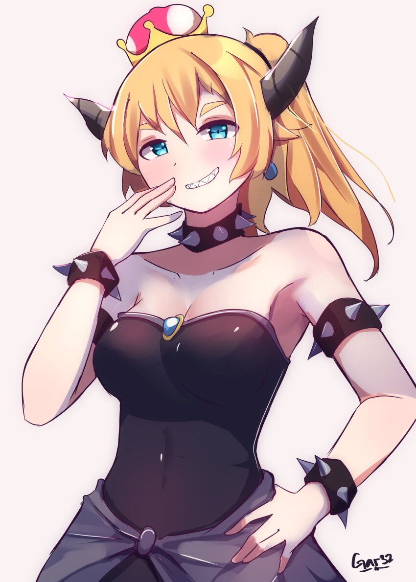 1girl absurdres armlet bare_shoulders black_dress blonde_hair blue_eyes bowsette bracelet breasts choker collarbone commentary crown dress english_commentary gar32 grin hand_on_own_hip highres horns jewelry mario_(series) new_super_mario_bros._u_deluxe nintendo off-shoulder_dress off_shoulder sharp_teeth signature simple_background smile solo spiked_armlet spiked_bracelet spiked_choker spikes standing strapless strapless_dress super_crown teeth white_background