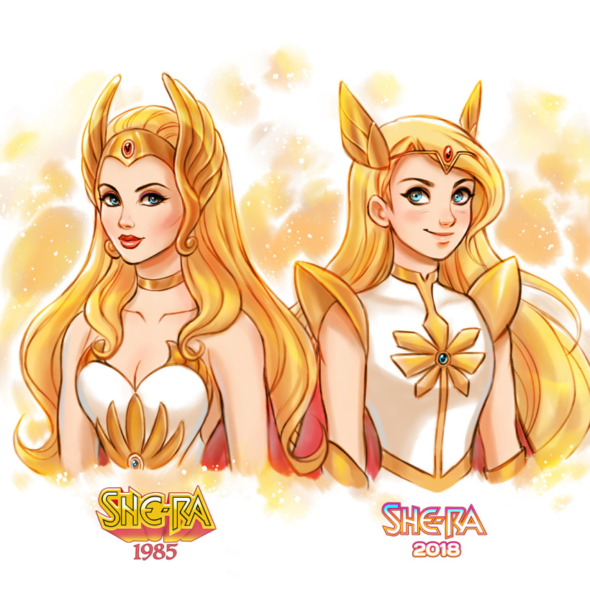 2girls armor blonde_hair blue_eyes blush breasts cape choker cleavage closed_mouth collarbone commentary comparison copyright_name cropped_torso daekazu dated dress english_commentary gauntlets gem hair_pulled_back headdress light_blush lips lipstick long_hair looking_at_viewer makeup mascara masters_of_the_universe medium_breasts multiple_girls orange_background orange_choker pauldrons red_cape red_lips she-ra_(character)_(princess_of_power) she-ra_(character)_(princesses_of_power) she-ra_and_the_princesses_of_power she-ra_princess_of_power shirt shoulder_armor smile strapless strapless_dress swept_bangs white_dress white_shirt